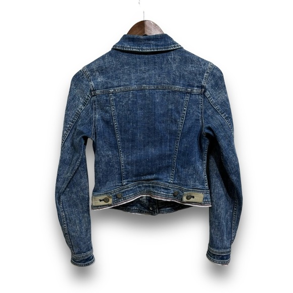 Pilcro and the Letterpress Avie Leather Tab Denim Trucker Jacket Size S 16x20 - Picture 2 of 7